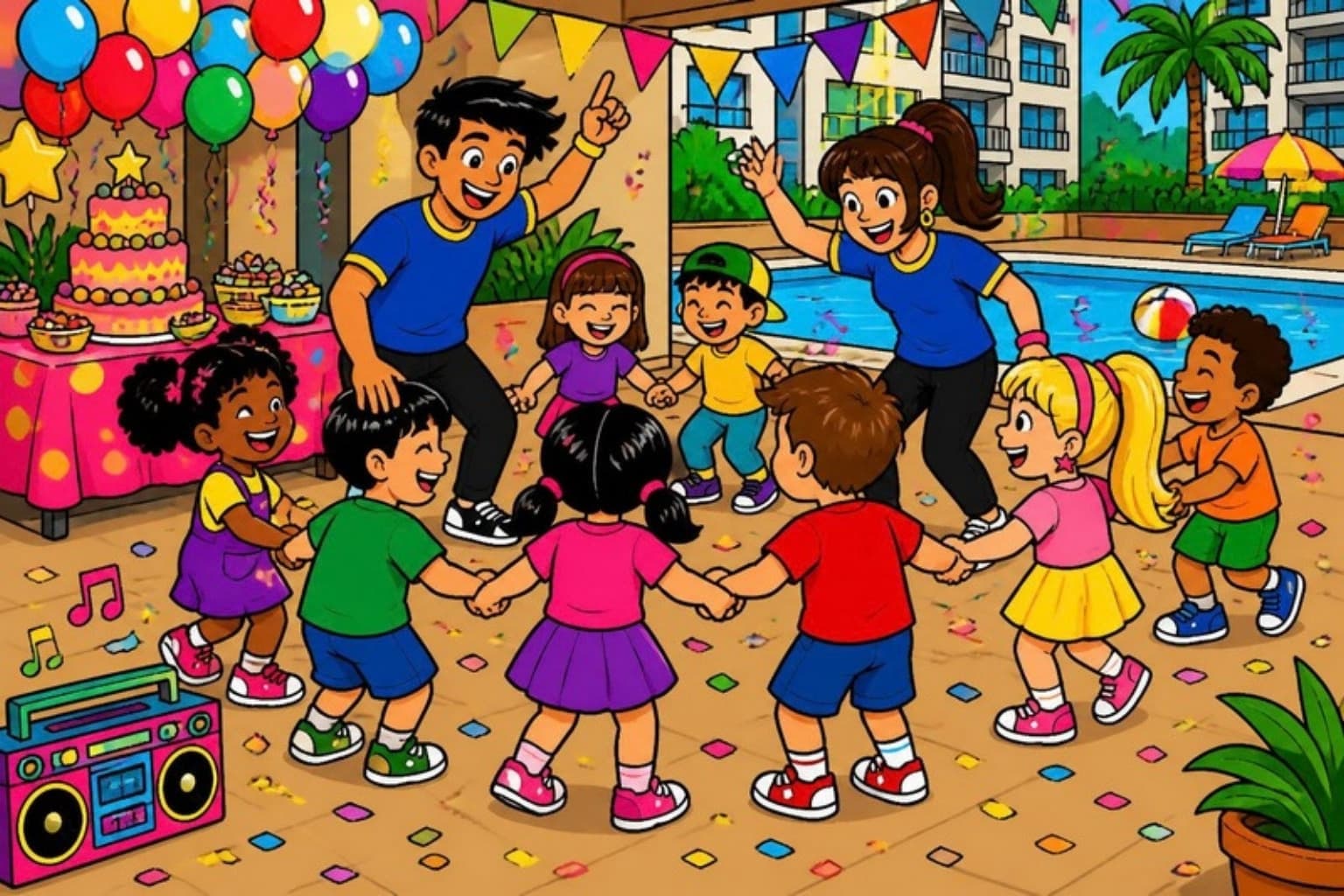 Ilustração: festa infantil no condomínio com a equipe Batutinhas