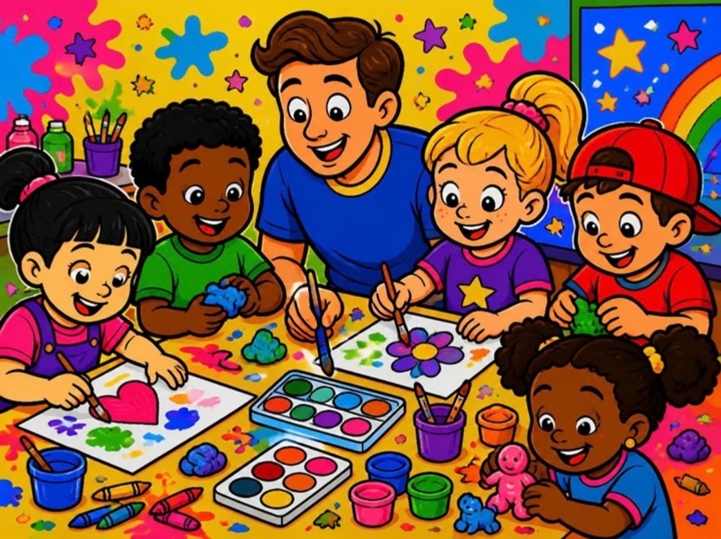 Ilustração: oficina criativa com crianças pintando