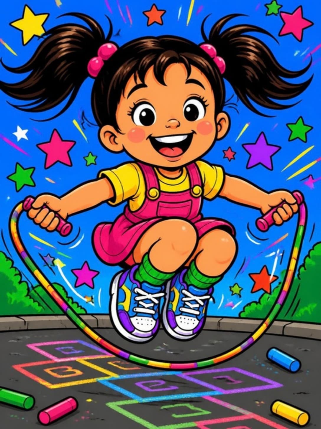Ilustração: menina pulando corda sobre a amarelinha